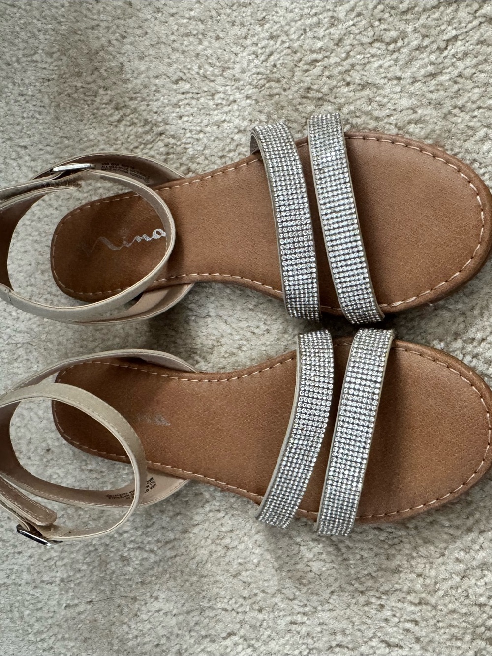 Nina Tan Footbed Sandals with Silver Rhinestone Double Straps